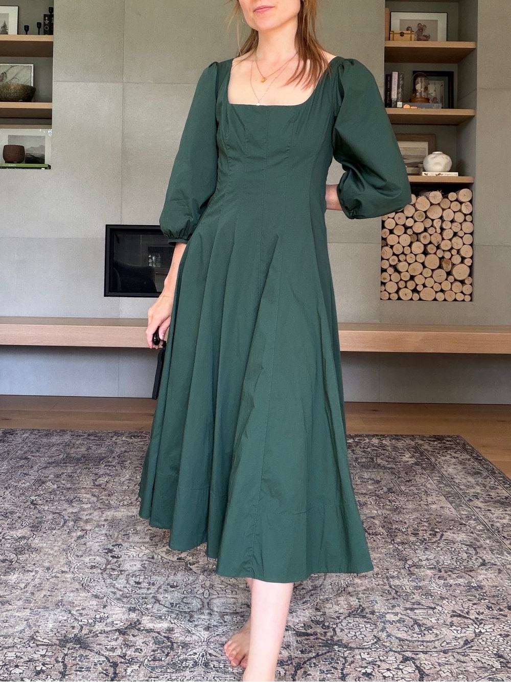 STAUD swells poplin Forest Green Square-Neck Puff-Sleeve Midi Dress 8